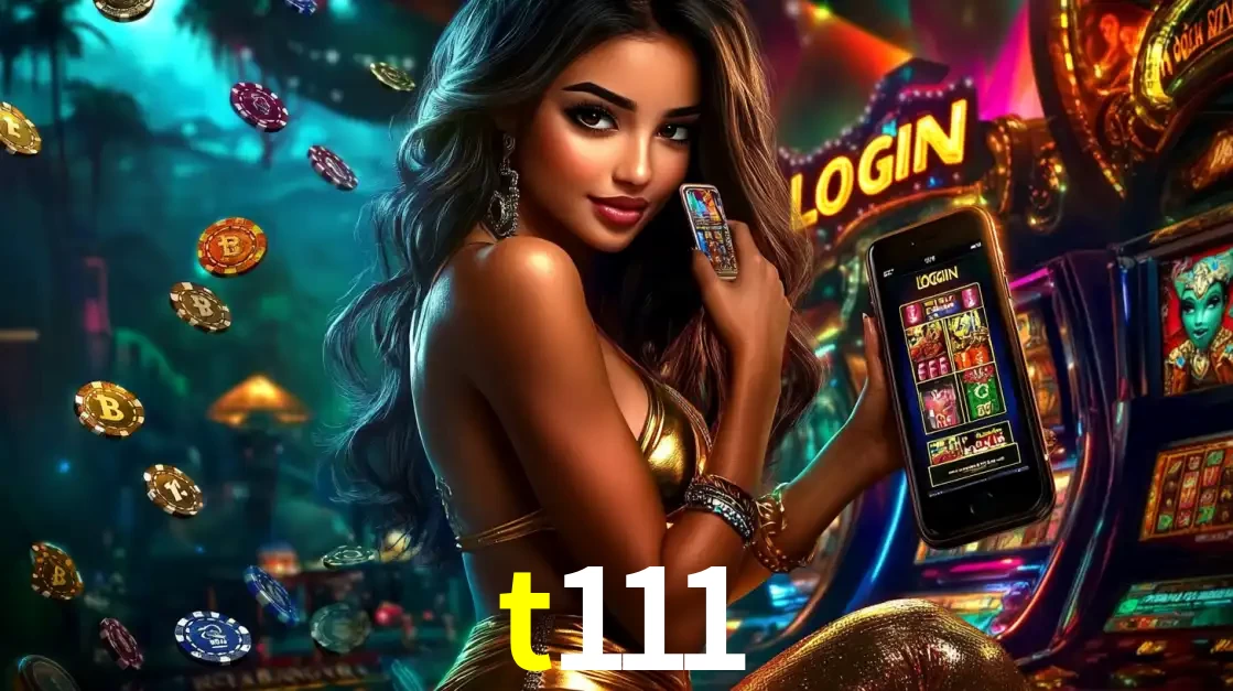 Mulher em um cenário de cassino temático de aventura, mostrando o app de caça-níqueis da t111 no celular. Fichas de apostas flutuam ao redor.