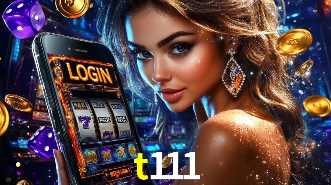 Mulher glamorosa segurando um smartphone com a tela de login para os jogos de caça-níqueis do cassino online t111, com moedas de ouro e dados ao redor.