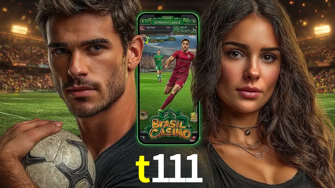 Homem segurando uma bola de futebol e uma mulher ao lado de um smartphone exibindo o jogo de apostas esportivas da t111. Faça seu palpite no cassino online.
